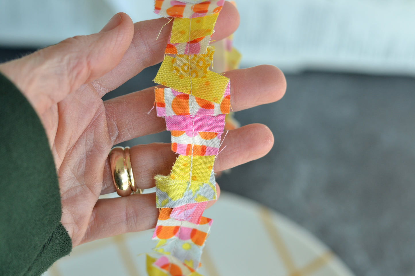 YELLOW, ORANGE PINK Scrap Fabric Ribbon - 1 Yard